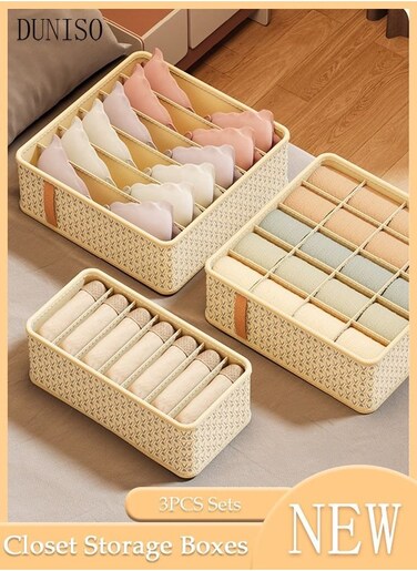 3 Pieces Fabric Closet Storage Organizer Set Foldable Clothes Boxes Large Capacity Wardrobe Stackable Closet Drawer with Handle for Leggings Stockings Socks Underwear