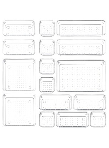Drawer Organizer Trays Set - Clear Plastic, Verstile Size Storage Bins for Makeup, Bedroom, Kitchen, and Office, acrylic Storage Drawer Dividers, Socks, Ties (Pack of 16)