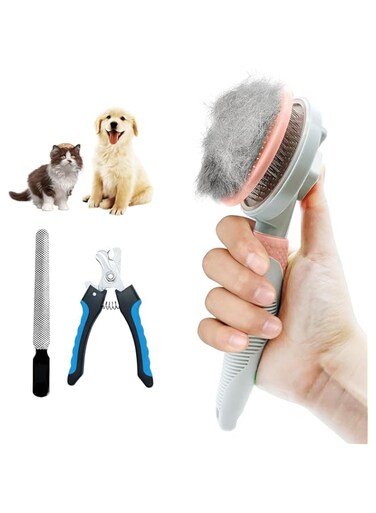 Incisae 3PCS Cat Grooming Kit,Cat Brushes for indoor Cats with Cat Nail Clipper &amp; Nail File,Self Cleaning Slicker Brush for Dogs &amp; Cats (Pink)