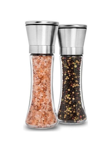 2 Pcs Stainless Steel Salt and Pepper Grinder, Salt and Pepper Shakers Set, Transparent Seasoning Container, Modern Farmhouse Kitchen Table Decor for Home Restaurants Wedding, with Stainless Steel Lid