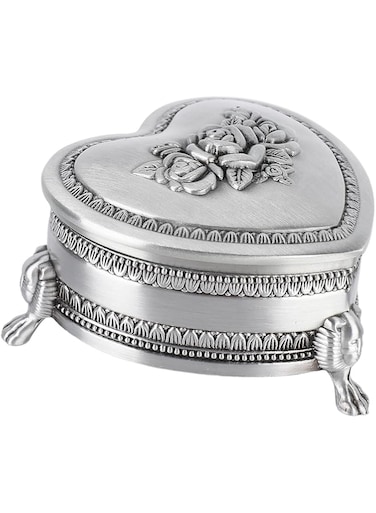 Sorandy Heart Shape Vintage Metal Jewelry Box, Classic Metal Antique Ring Box, Trinket Storage Organizer Chest with Antique Flower Carved, Christmas Gift Earrings Box for Girl, Silver