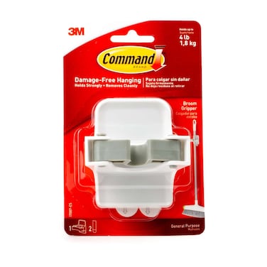 Command 17007-ES Broom Gripper, Holds 1.8 Kg. each hook, White/Gray. 1 hook and 2 strips/pack