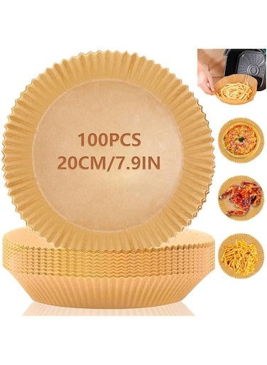 ECVV 100 PCS Air Fryer Disposable Paper Liner, Non stick Disposable Air Fryer Liners, Baking Paper for Air Fryer Water proof, Oil proof, Parchment for Baking Roasting Microwave 20cm, Nature