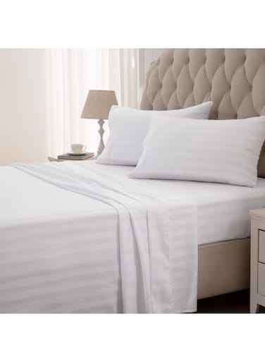 3-Piece White Cotton Bed Sheet Set &acirc;&euro;&ldquo; Ultra Soft Flat Sheet &amp; Pillowcases with Striped Design, Breathable &amp; Comfortable for Home or Hotel (Single/Double)