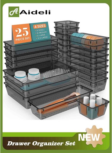 25PCS Transparent Black Plastic Drawer Organizer Set with Non-Slip Pads &acirc;&euro;&ldquo; 4 Sizes Storage Trays for Bathroom, Kitchen, Makeup, Desk &amp; Office