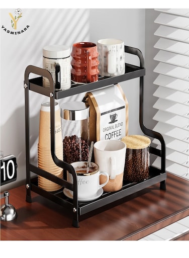 2-Tier Metal Organizer Rack, Cups Mugs Plates Dry Rack,Kitchen Spice Storage Rack ,Bathroom Organizer Shelf,Spacious Anti-Rust Rack for Countertop Cabinet ,Black
