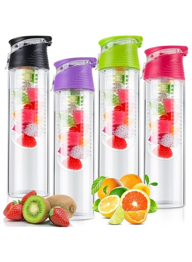 KASTWAVE Fruit Infuser Water Bottle, 28 oz Leakproof Infuser Bottles, 4 Pack, Plastic, Multicolor, Home, School, Office, Outdoor Activities