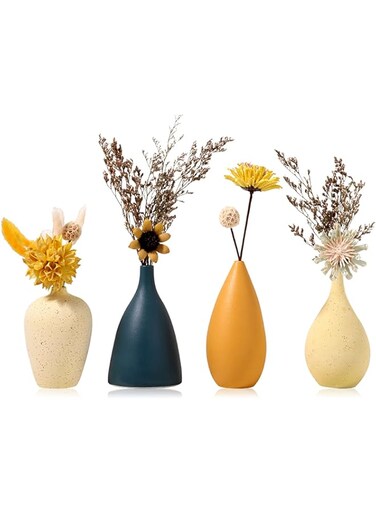 Sziqiqi Ceramic Vases for Decor Small Flower Decorative Vase for Farmhouse - Table Vase with Modern Design Morandi Matte Color Set of 4 (2*yellow+orange+blue, 4)