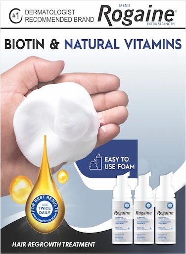 Pack Of 3 Mens Use Twice Daily Rogaine 5% Minoxidil Hair Regrowth Treatment Easy To Use Foam 60g