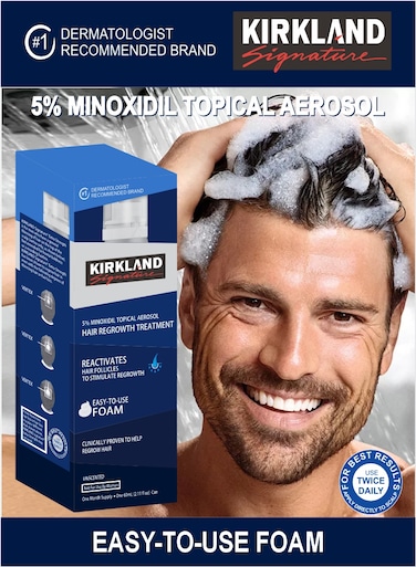 Mens Use Twice Daily Kirkland 5% Minoxidil Hair Regrowth Treatment Easy To Use Foam 60g