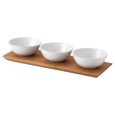 Tray With 3 Bowls Bamboo/White