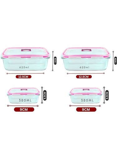 4-Piece Microwave Glass Storage Containers With Lid Pink 1X Big Square Container