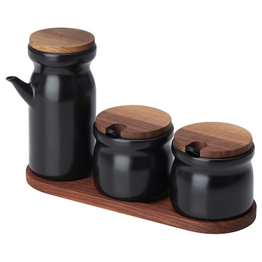 Spice Jar With Tray, Set Of 3, Ceramic/Black