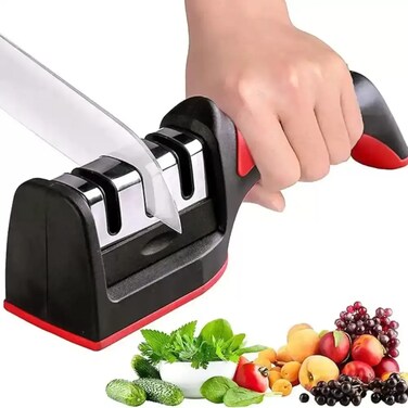 Handheld 3 In 1 Manual Knife Sharpener With 3 Stages For Sharpening And Polishing Kitchen Knives- Red