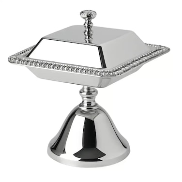 Trinity Decorative Square Fruit Plate Silver With Stand And Lid- 16.5X15cm