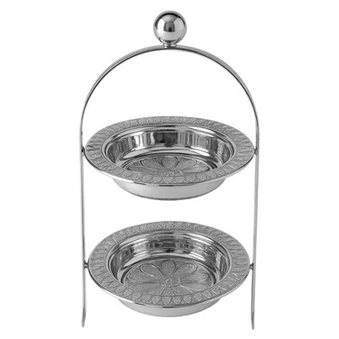 Elegant Floral Patterned Two Tier Metal Cake Snacks Stand/Rack With Handle 15X34cm- Silver