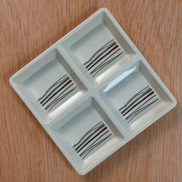 Sarvah Melamine 8.5 Inch Black And Red Line Designed Squart 4 Section Tray- White