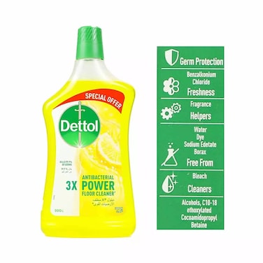 Antibacterial Power Floor Cleaner Liquid, Shines with Lemon Flavor, Removes Dirt, Safe and Gentle 900ml