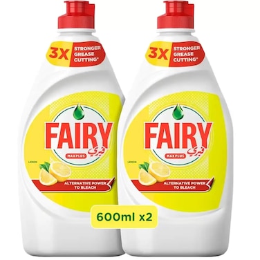 Fairy Max Plus Lemon Fragranced Dishwashing Liquid, ALternative To Bleach- 2X600ml