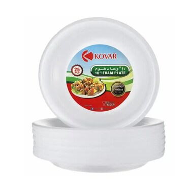 Kovar Disposable Round Foam Plates Eco-Friendly And Lightweight- White 10-Inch Pack Of 25Pcs