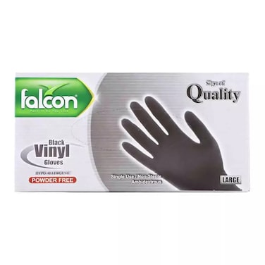 Falcon Black Vinyl Gloves, Powder Free &amp; Single Use Gloves, Large Size - Box Of 100 Gloves