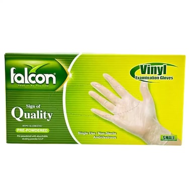 Falcon Vinyl Examination Pre Powdered Hypo Allergenic Disposable Gloves, Small- 100 Gloves