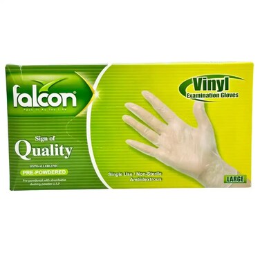 Falcon Pre Powdered Vinyl Examination Hypo Allergenic Disposable Gloves, Large- 100 Gloves