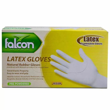 Falcon Pre Powdered Natural Rubber Gloves, Medium- 100Pcs