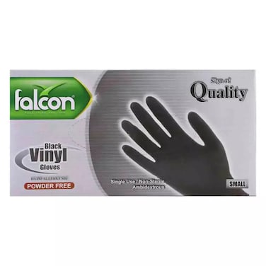 Falcon Black Vinyl Gloves, Powder Free &amp; Single Use Gloves, Small Size - Box Of 100 Gloves