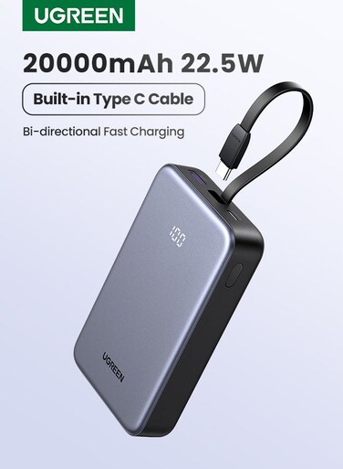 20000 mAh Power Bank Built-in USB Type C Cable 20W Fast Charging Grey