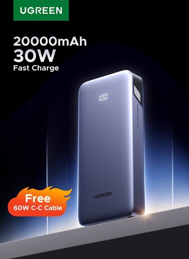 20000 mAh Power Bank 2Type C+1 USB A 30W Battery black