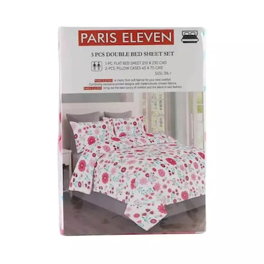 Flat Bedsheet 210 X 230 Cm With 2 Pcs Pillow Cover 45 X 70 Cm, Double Bedsheet Set White With Pink Flower Design