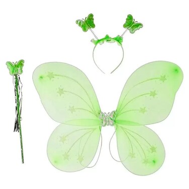 Girls Pretend Play Fairy Costume Set In Butterfly Theme With Wings, Hairband And Stick- Green Pack Of 3