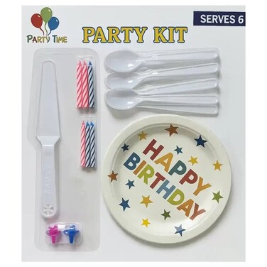 Star Printed Happy Birthday Party Tableware Disposable Kit With Plates, Spoon, Candle, Knife And Candle Stand Pack Of 3