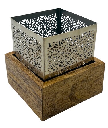 Akdc Square Wooden And Metal Incense Burner 14Cm*14Cm, Silver