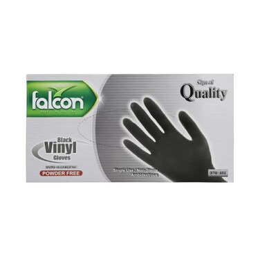Falcon Black Vinyl Gloves Hypo-Allergenic Powder Free Disposable Gloves- Extra Large- 100Pcs