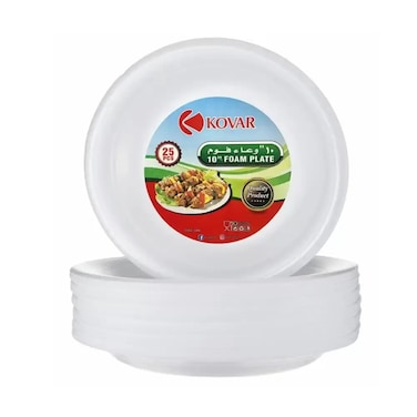 Kovar Disposable Round Foam Plates Eco-Friendly And Lightweight- White 10-Inch Pack Of 25Pcs