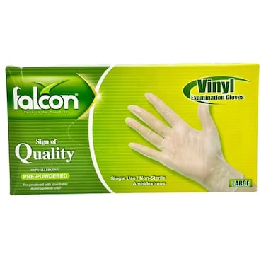 Falcon Pre Powdered Vinyl Examination Hypo Allergenic Disposable Gloves, Large- 100 Gloves