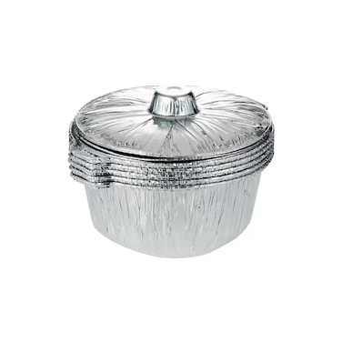 Take Away Aluminium Container 5Pcs Disposable Food Storage Pot With Lid 22Cm- Silver