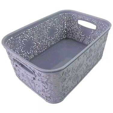 Storage Basket Cabinet Multifunctional Plastic Storage Basket With Lid &amp; Flower Design Gray- 28X20X12 Cm
