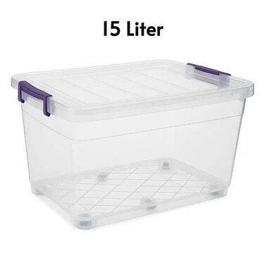 Kovar Clear Storage Plastic Container Box With Locking Lid And Wheel- 15Ltr