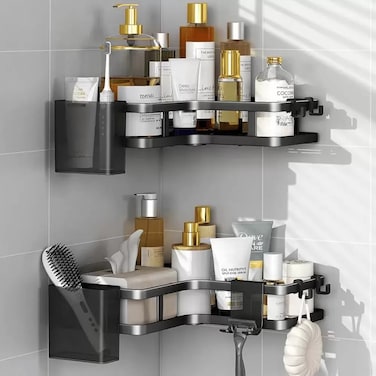 Adhesive Corner Bathroom Shower Shelf Corner Shower Storage Caddy With Hooks- 2Pcs Black