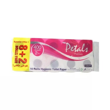 Petals Premium Hygienic Toilet Paper 2 Ply, 400 Sheets Per Roll - Pack Of 10 Rolls