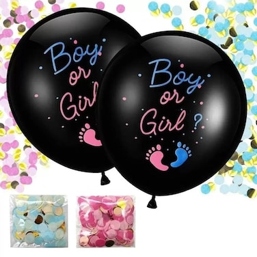Gender Reveal Party Balloon Girl Or Boy Printed Black Balloon With Pink Or Blue Confetti- Black Pack Of 3