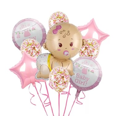 Its A Baby Girl 4 Types Foil Balloon Bouquet With Rope For Baby Shower Party- Pink Pack Of 3