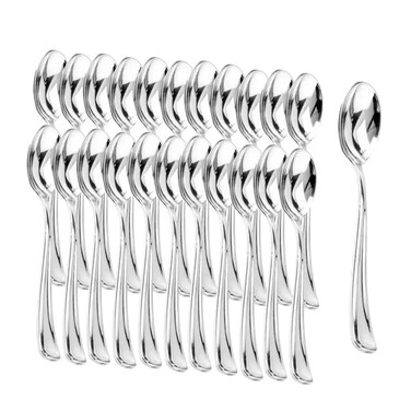 Long Handle Plastic Disposable Spoon 10Cm For Party Use Silver- 12Pcs Pack Of 3