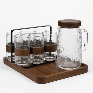 Heat Resistant Thickened Textured Glass Drinking Glassware Set With Glass Jug And Wooden Tray- 8pcs Set