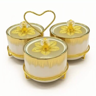 Porcelain Snacks Bowl Set With Glass Lid And A Heart Shaped Golden Steel Stand- 3pcs Set