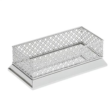 Rectangular Rim Mirror Base Metal Storage Tray With Cutwork Detailed 38X18X10cm- Silver