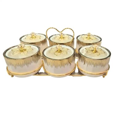 Porcelain Snacks Bowl Set With Glass Lid And A Heart Shaped Golden Steel Stand- 6pcs Set